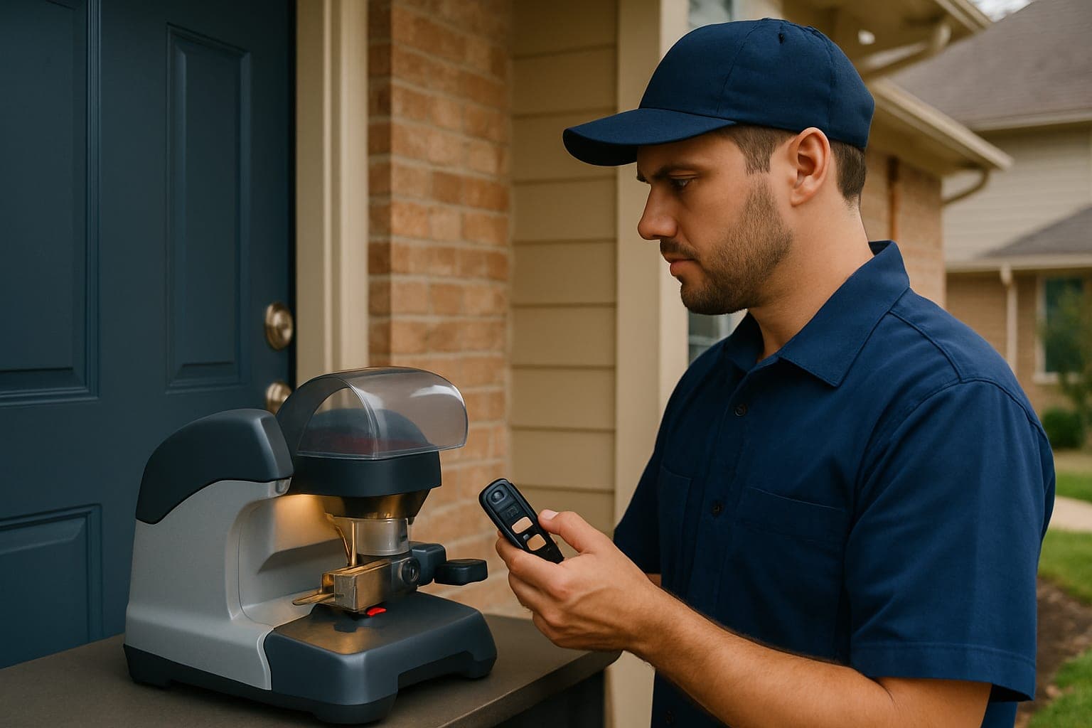 Locksmith cutting and programming a replacement transponder car key in Houston TX