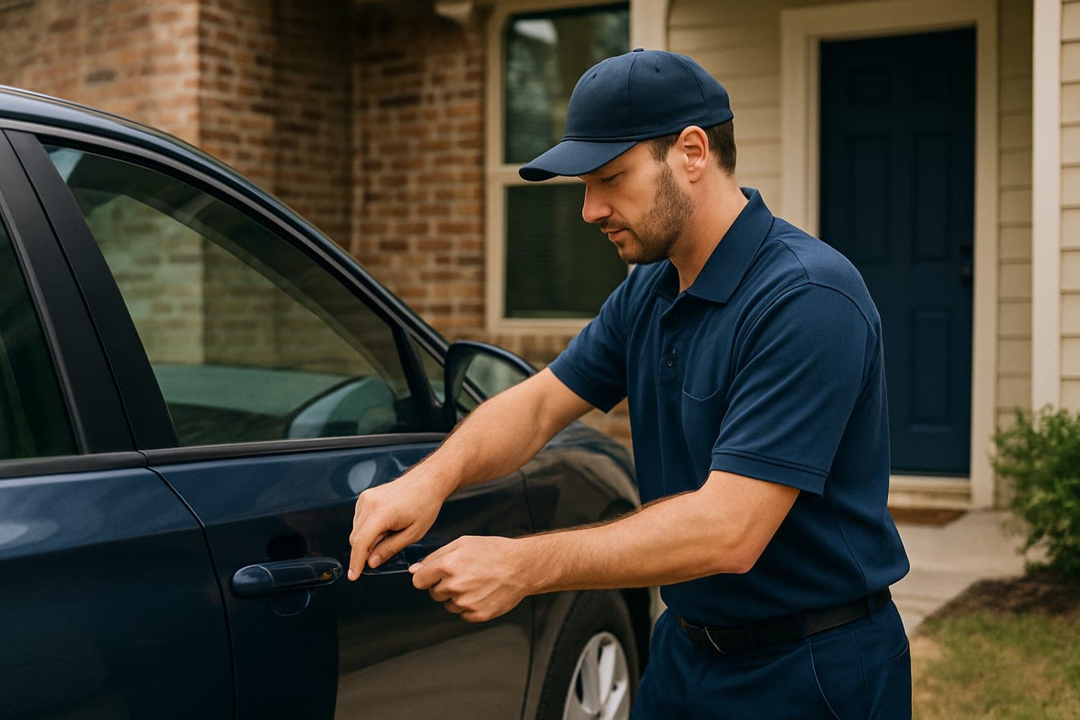 Auto locksmith performing damage-free car lockout service in Houston TX