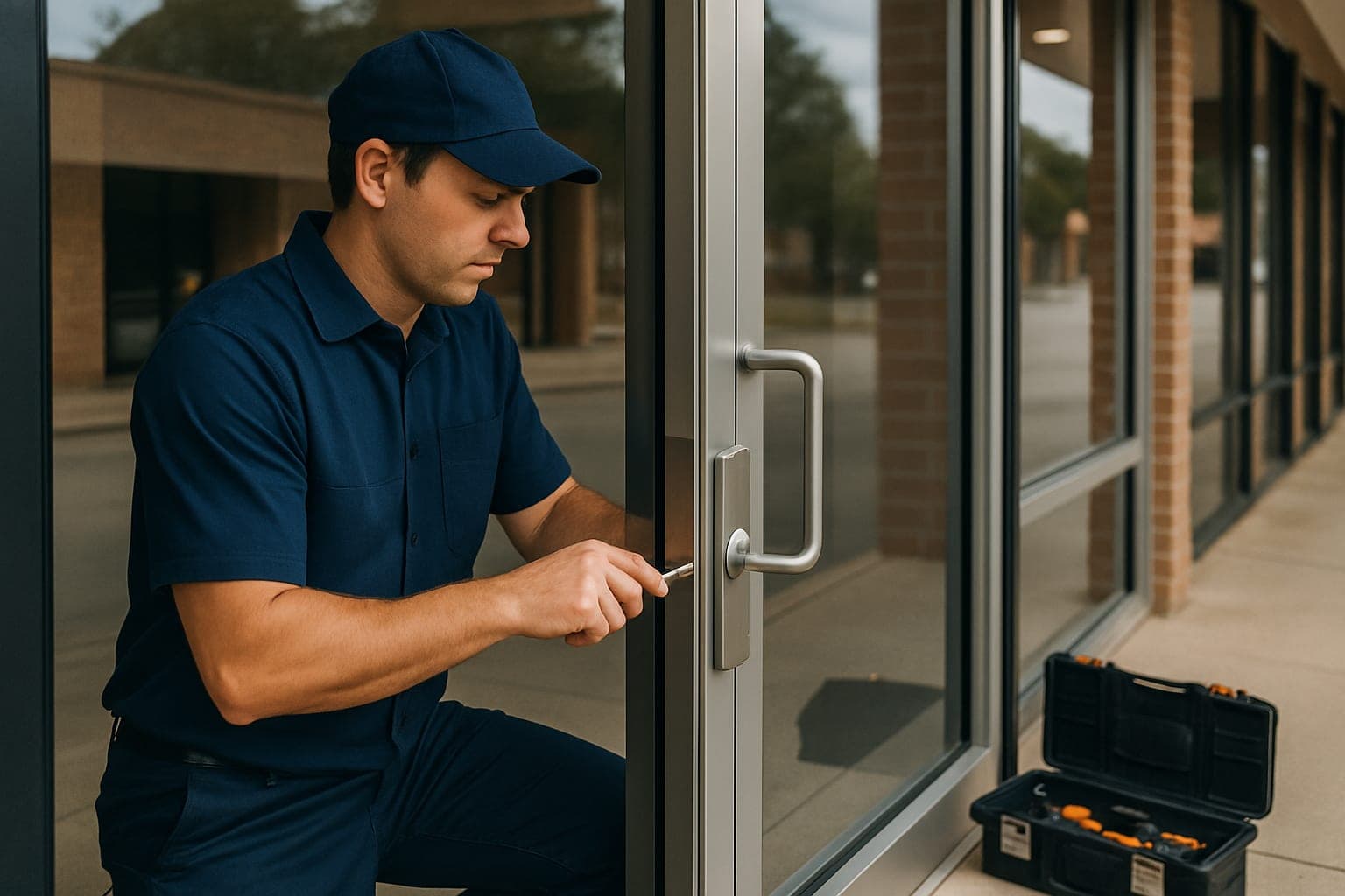 Commercial locksmith in Houston TX servicing an aluminum storefront door lock