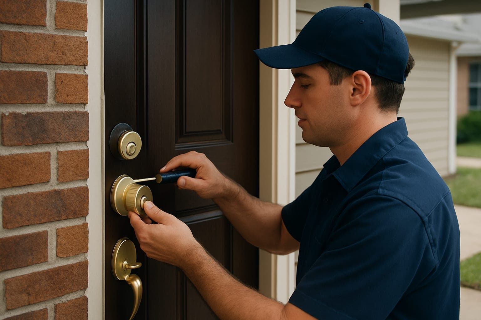 Houston TX locksmith installing a Grade 1 high-security deadbolt on an entry door